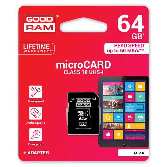 Tarjeta de Memoria microSDXC GoodRam, 64Gb, Clase 10 / UHS-1 U1, Con Adaptador M1AA-0640R12
