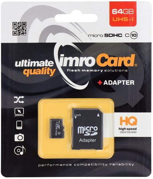 Tarjeta de Memoria microSDXC Imro, 64Gb, Clase 10 / UHS-1 U1, Con Adaptador