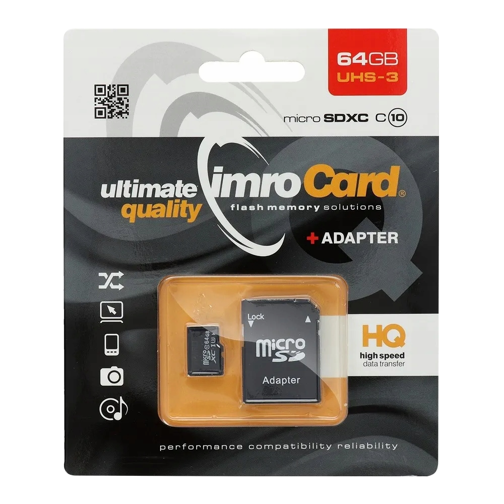Tarjeta de Memoria microSDXC Imro, 64Gb, Clase 10 / UHS-1 U3, Con Adaptador
