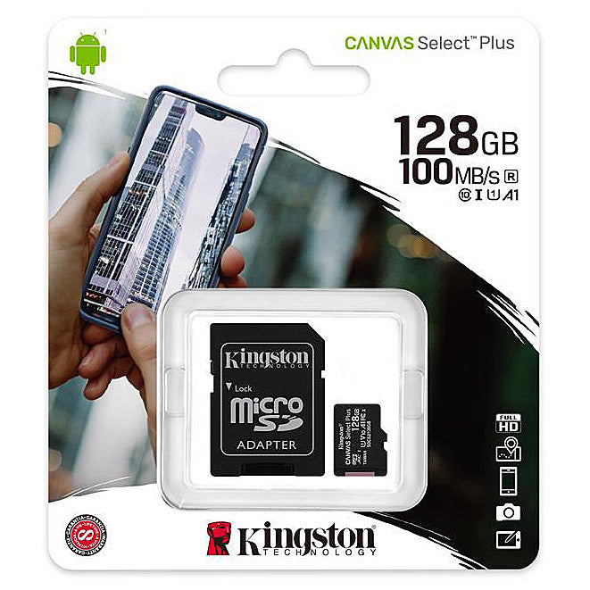 Tarjeta de memoria microSDXC Kingston Canvas Select Plus Android A1, 128Gb, Clase 10 / UHS-1 U1, con adaptador SDCS2/128GB