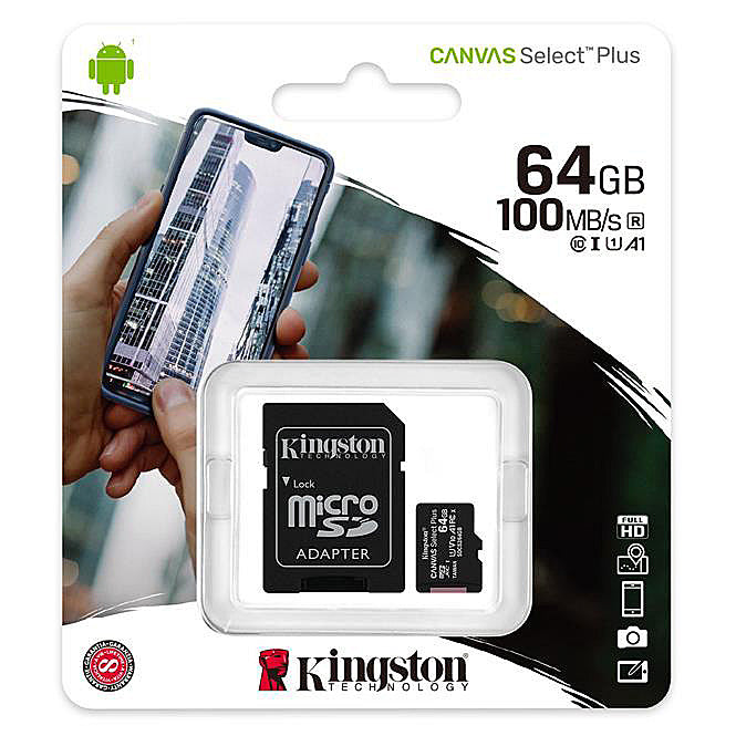 Kingston Canvas Select Plus Android A1, 64Gb, Clase 10 / UHS-1 U1, tarjeta de memoria microSDXC Kingston Canvas Select Plus Android A1, 64Gb, Clase 10 / UHS-1 U1, con adaptador SDCS2/64GB