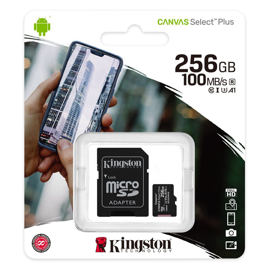 Tarjeta de memoria microSDXC Kingston Canvas Select Plus Android A1, 256Gb, Clase 10 / UHS-1 U1, con adaptador SDCS2/256GB