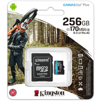 Tarjeta de memoria microSDXC Kingston Canvas Go Plus, 256Gb, Clase 10 / UHS-1 U3, Con adaptador SDCG3/256GB 