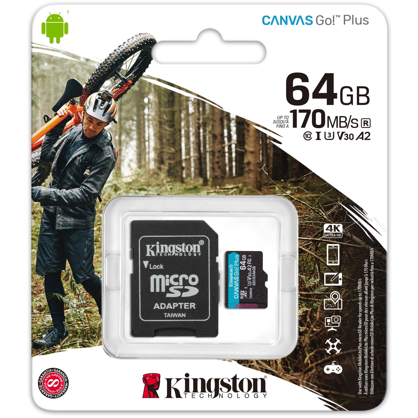 Tarjeta de Memoria Kingston Canvas Go Plus microSDXC Kingston Canvas Go Plus, 64Gb, Clase 10 / UHS-1 U3, con Adaptador SDCG3/64GB