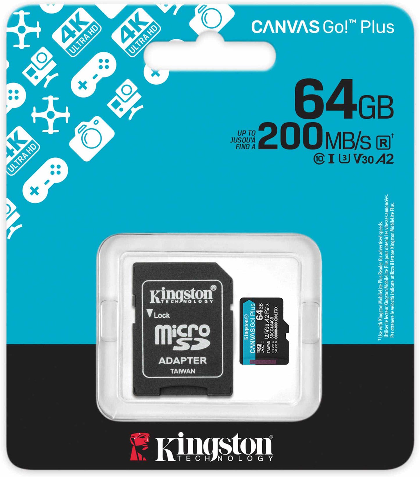 Tarjeta de Memoria microSDXC Kingston Canvas Go Plus Android A2, 64Gb, Clase 10 / UHS-1 U3, Con Adaptador SDCG4/64GB