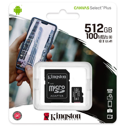 Tarjeta de Memoria Kingston Canvas Select Plus microSDXC Kingston Canvas Select Plus, 512Gb, Clase 10 / UHS-1 U3, Con Adaptador SDCS2/512GB