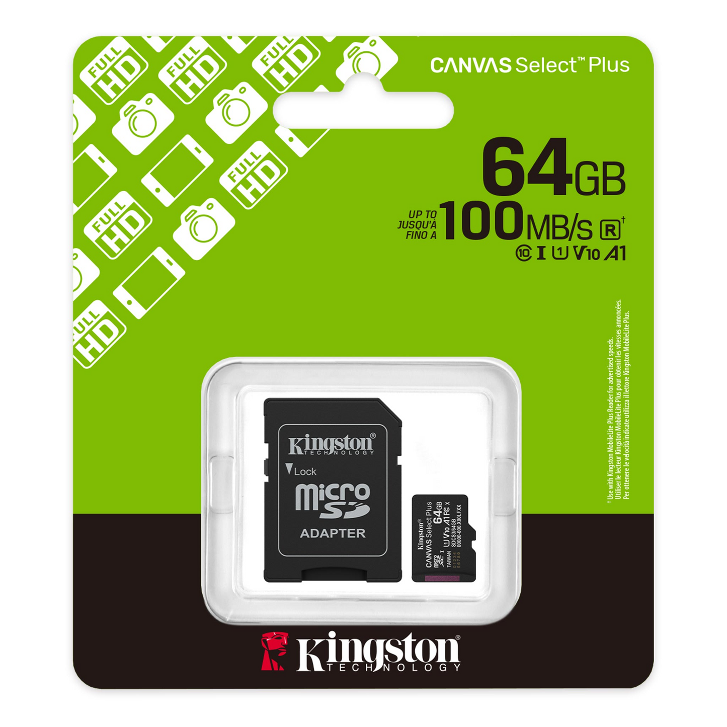 Tarjeta de Memoria microSDXC Kingston Canvas Select Plus Android A1, 64Gb, Clase 10 / UHS-1 U1, Con Adaptador SDCS3/64GB