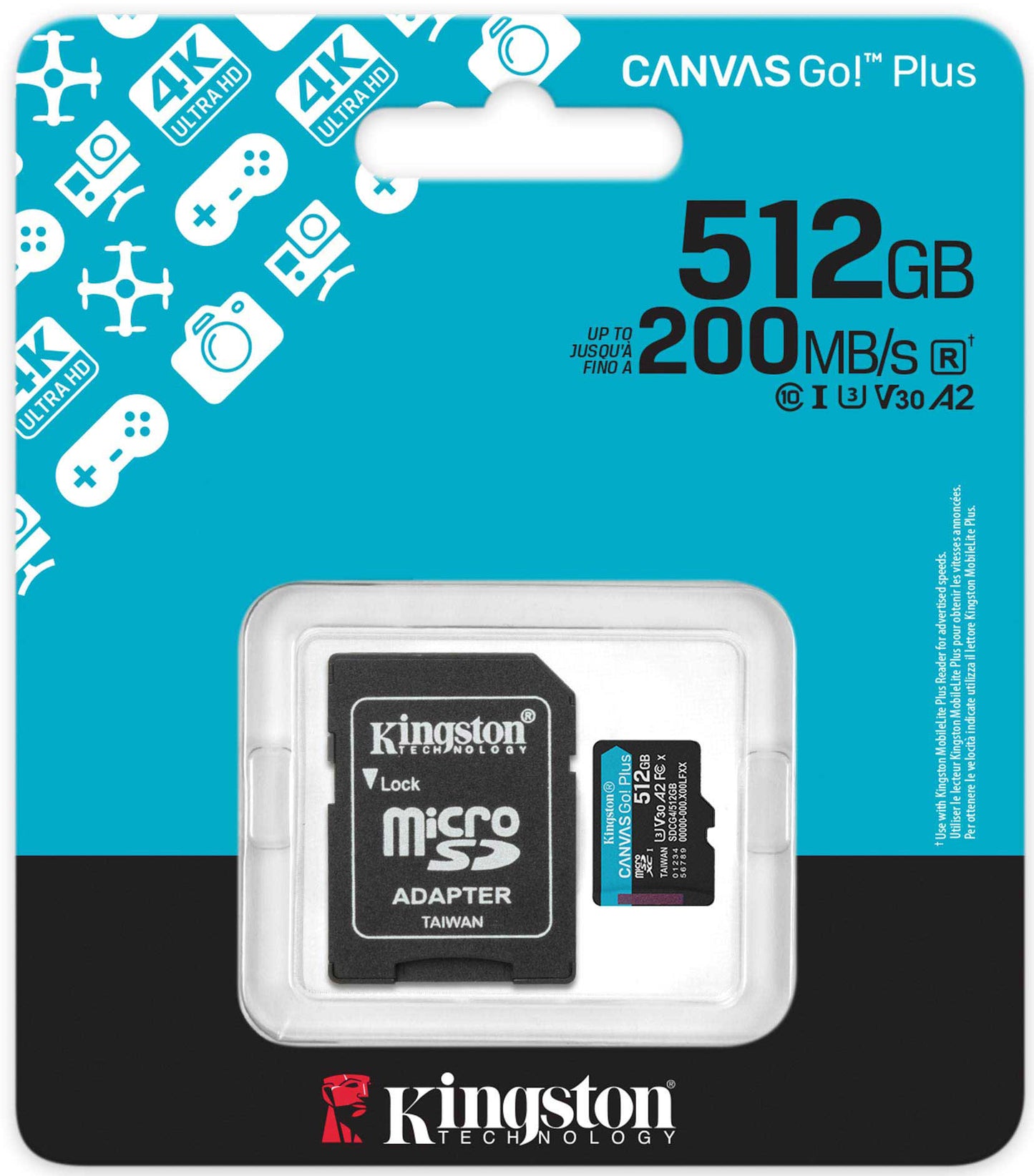 Kingston Canvas Go Plus microSDXC Memory Card Android A2, 512Gb, Class 10 / UHS-1 U3, With Adapter SDCG4/512GB