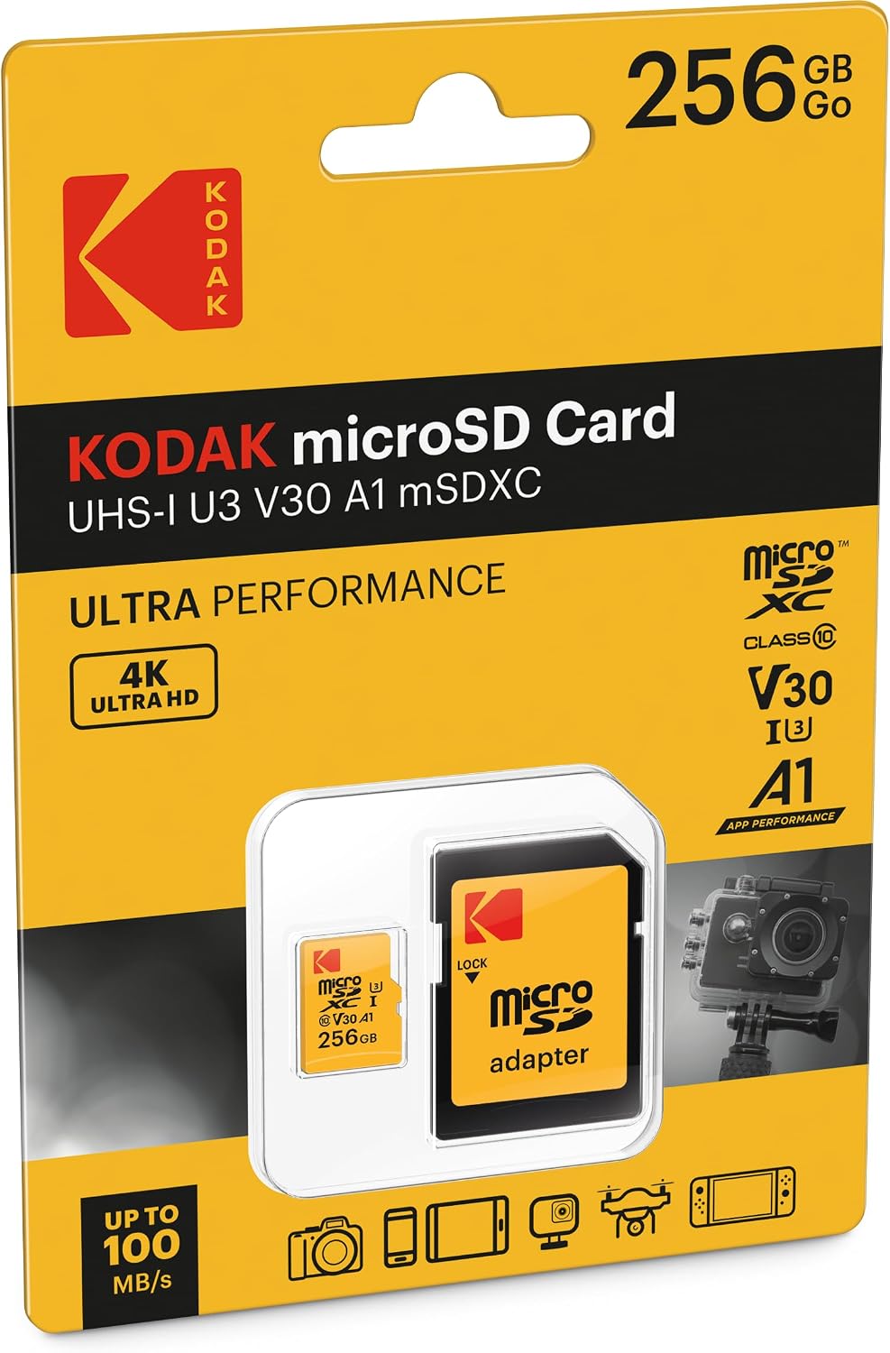 Tarjeta de Memoria microSDXC Kodak, 256Gb, Clase 10 / UHS-1 U3, Con Adaptador EKMSDM256GXC10HPRK