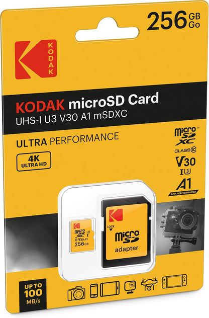 Tarjeta de Memoria microSDXC Kodak, 256Gb, Clase 10 / UHS-1 U3, Con Adaptador EKMSDM256GXC10HPRK