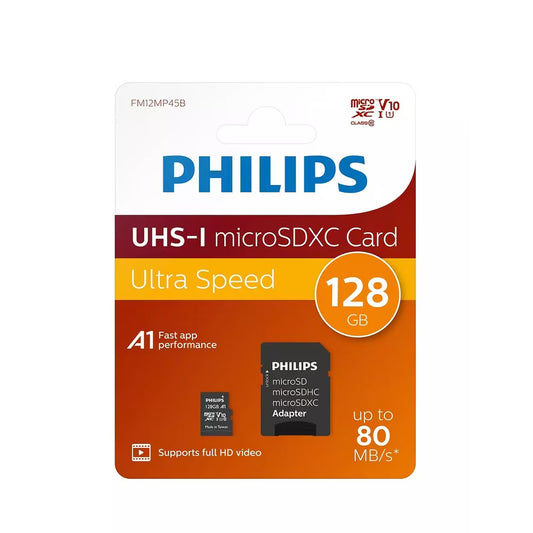 Tarjeta de Memoria microSDXC Philips, 128Gb, Clase 10 / UHS-1 U1, Con Adaptador FM12MP45B/10