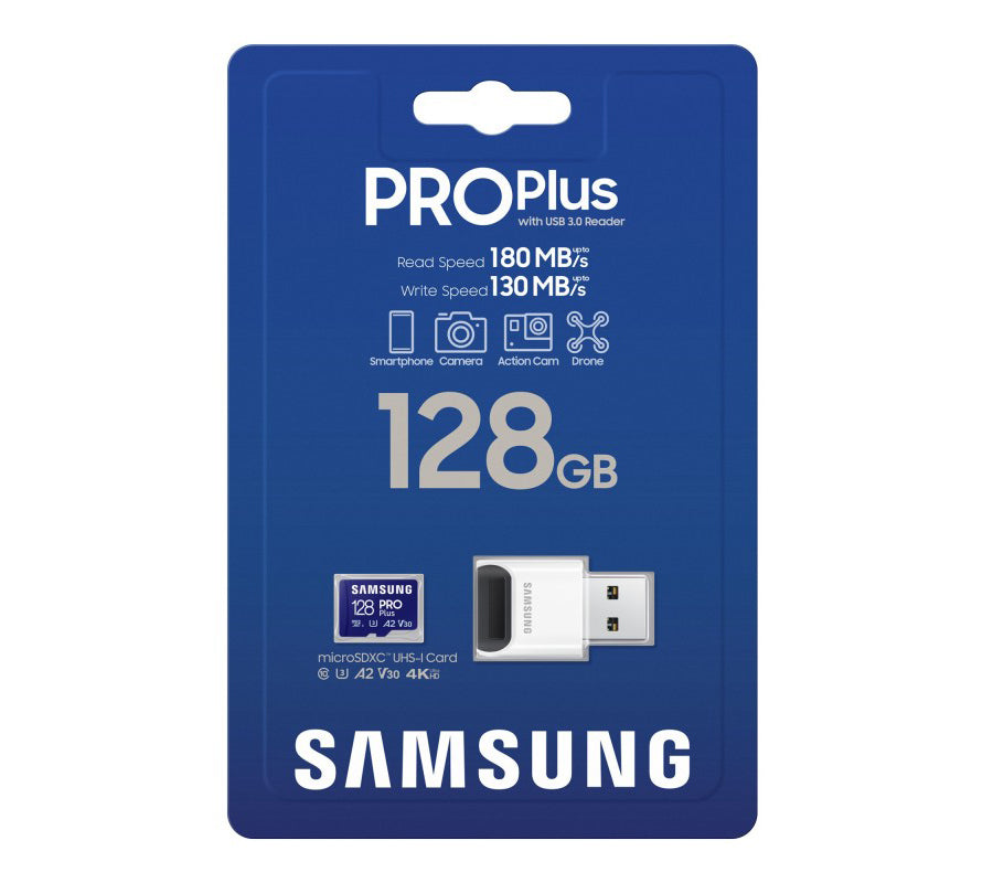 Tarjeta de memoria microSDXC Samsung PRO Plus, 128Gb, Clase 10 / UHS-1 U3, con Lector de Tarjetas MB-MD128SB/WW