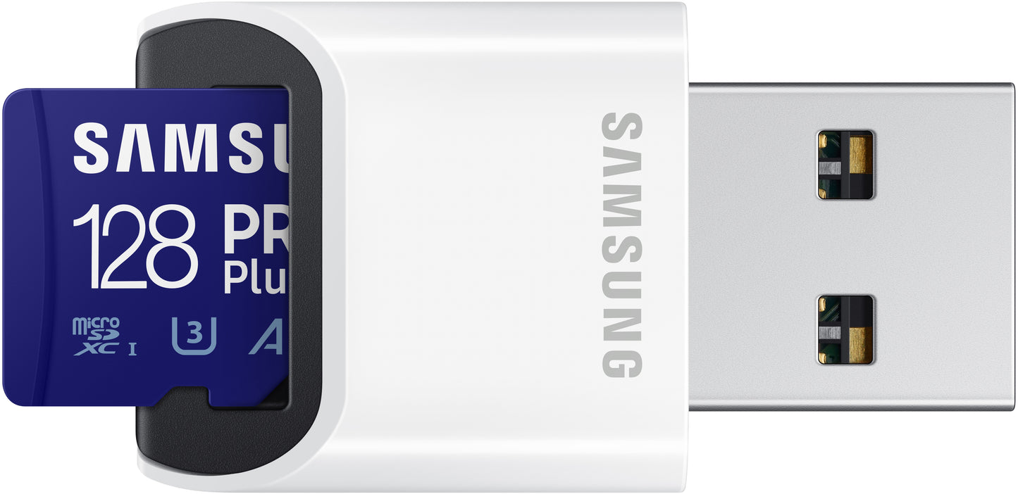 Tarjeta de Memoria microSDXC Samsung PRO Plus, 128Gb, Clase 10 / UHS-1 U3, Con Lector de Tarjetas y Adaptador MB-MD128KB/WW