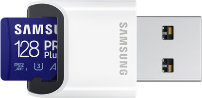 Tarjeta de Memoria microSDXC Samsung PRO Plus, 128Gb, Clase 10 / UHS-1 U3, Con Lector de Tarjetas y Adaptador MB-MD128KB/WW