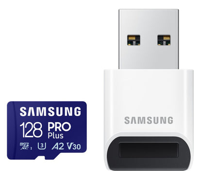 Tarjeta de memoria microSDXC Samsung PRO Plus, 128Gb, Clase 10 / UHS-1 U3, con Lector de Tarjetas MB-MD128SB/WW