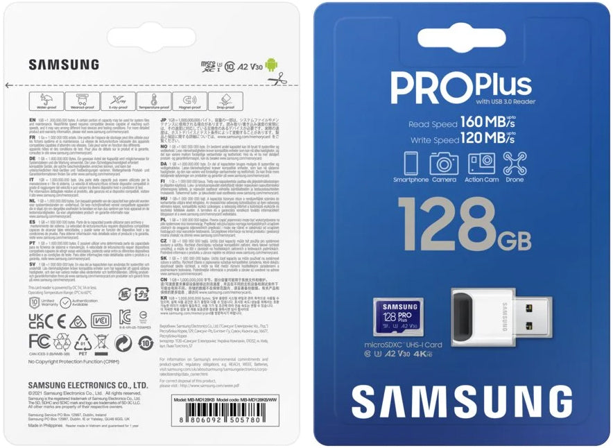 Tarjeta de Memoria microSDXC Samsung PRO Plus, 128Gb, Clase 10 / UHS-1 U3, Con Lector de Tarjetas y Adaptador MB-MD128KB/WW