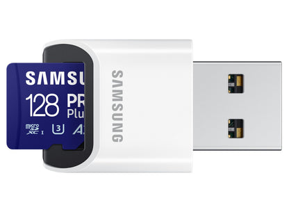 Tarjeta de memoria microSDXC Samsung PRO Plus, 128Gb, Clase 10 / UHS-1 U3, con Lector de Tarjetas MB-MD128SB/WW