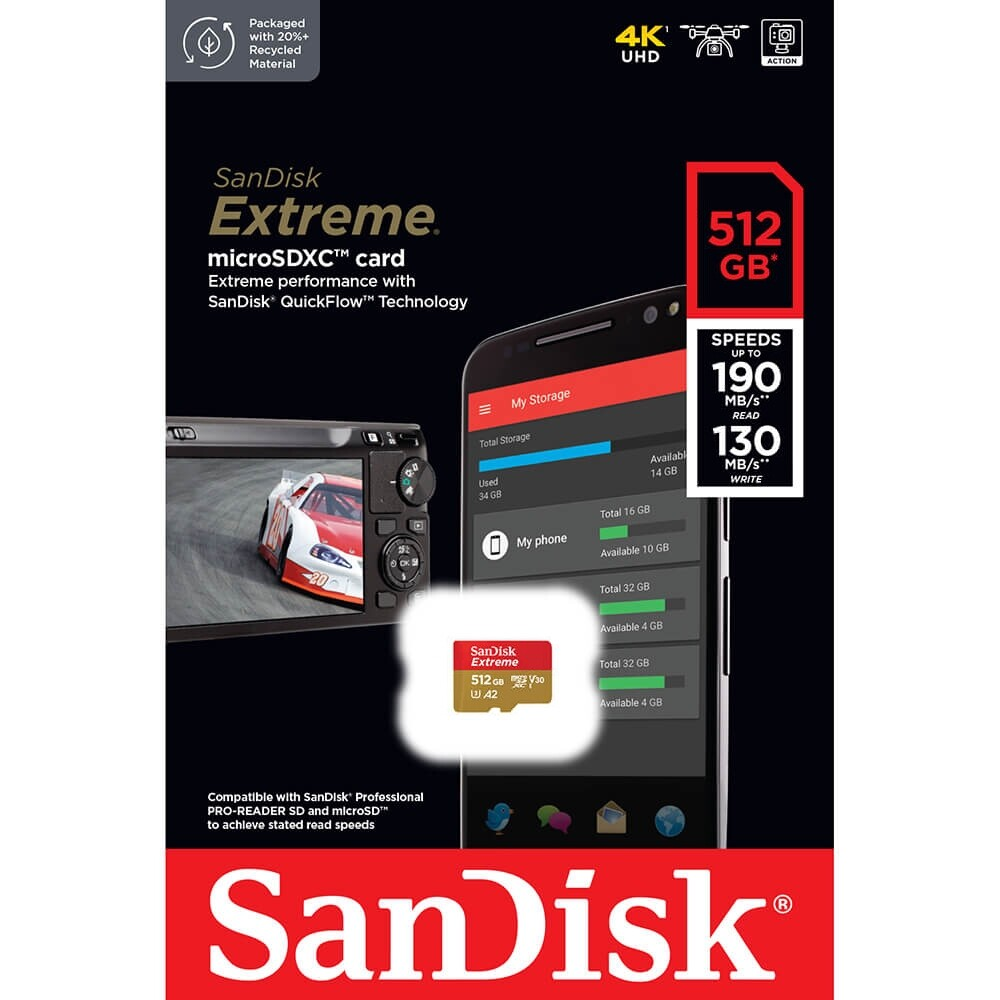 Tarjeta de Memoria microSDXC SanDisk Extreme, 512Gb, Clase 10 / UHS-1 U3 SDSQXAV-512G-GN6MN