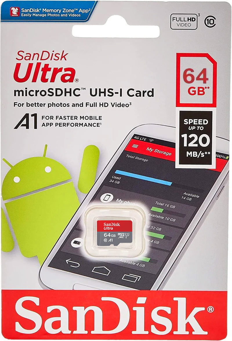 Tarjeta de Memoria microSDXC SanDisk Ultra Android A1, 64Gb, Clase 10 / UHS-1 U1 SDSQUAB-064G-GN6MN