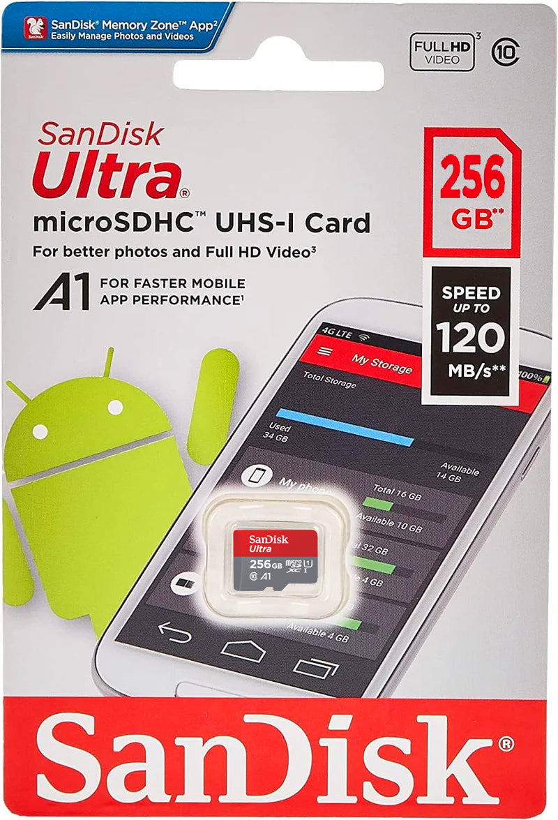 Tarjeta de Memoria microSDXC SanDisk Ultra Android A1, 256Gb, Clase 10 / UHS-1 U1 SDSQUAC-256G-GN6MN