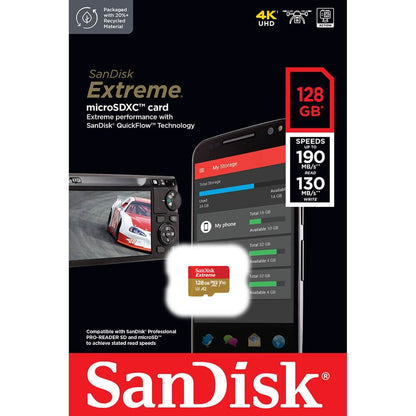 Tarjeta de memoria SanDisk Extreme microSDXC, 128 Gb, Clase 10 / UHS-1 U3 SDSQXAA-128G-GN6MN 