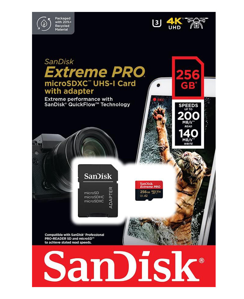 Tarjeta de memoria microSDXC SanDisk Extreme Pro, 256Gb, Clase 10 / UHS-1 U3, Con Adaptador SDSQXCD-256G-GN6MA