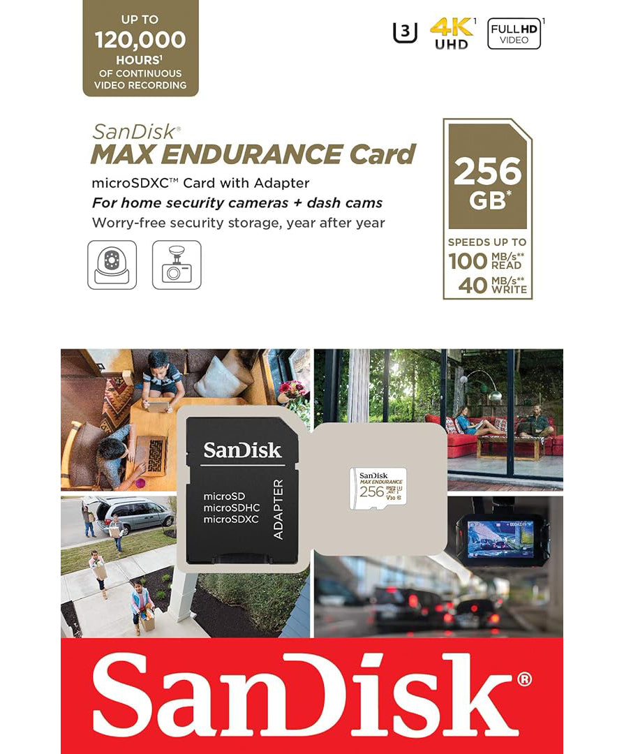 Tarjeta de Memoria microSDXC SanDisk MAX Endurance, 256Gb, Clase 10 / UHS-1 U3, Con Adaptador SDSQQVR-256G-GN6IA