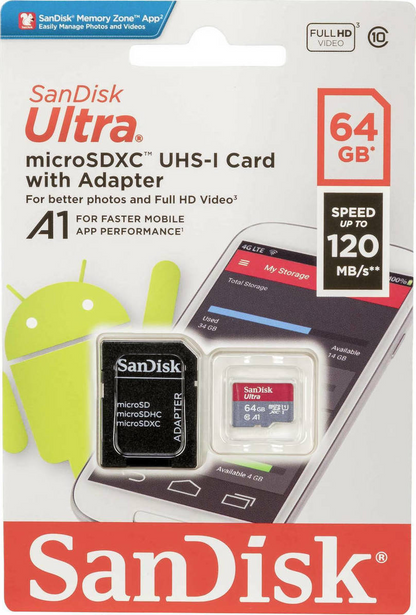 Tarjeta de Memoria microSDXC SanDisk Ultra Android A1, 64Gb, Clase 10 / UHS-1 U1, Con Adaptador SDSQUAB-064G-GN6MA