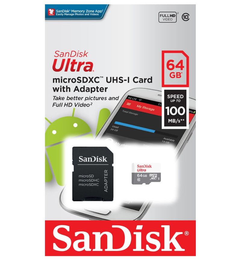 Tarjeta de Memoria microSDXC SanDisk Ultra, 64Gb, Clase 10, Con Adaptador SDSQUNR-064G-GN6TA