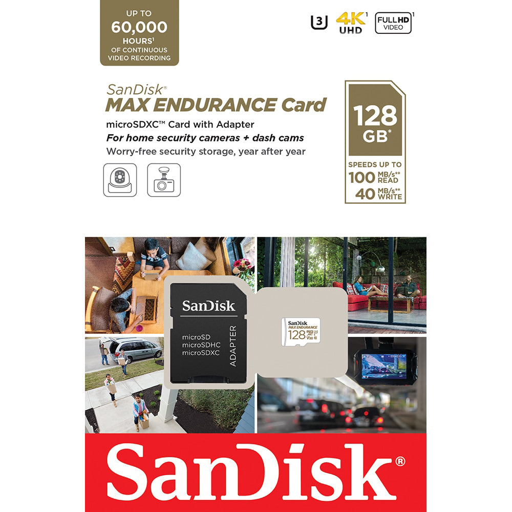 Tarjeta de Memoria microSDXC SanDisk MAX Endurance, 128Gb, Clase 10 / UHS-1 U3, Con Adaptador SDSQQVR-128G-GN6IA