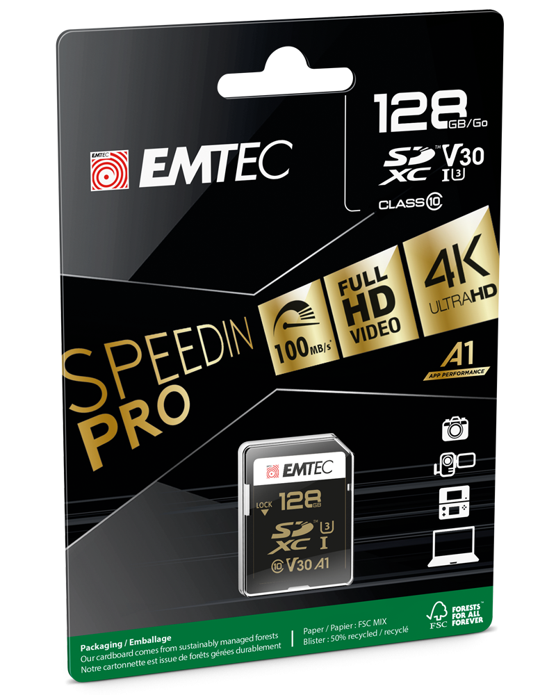 Tarjeta de Memoria SDXC Emtec SpeedIn Pro, 128Gb, Clase 10 / UHS-1 U3 ECMSD128GXC10SP