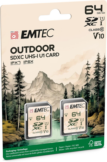 Tarjeta de Memoria SDXC Emtec Rugged Outdoor, 64Gb, Clase 10 / UHS-1 U1, Set de 2 piezas ECMSD64GXCU1ORP2