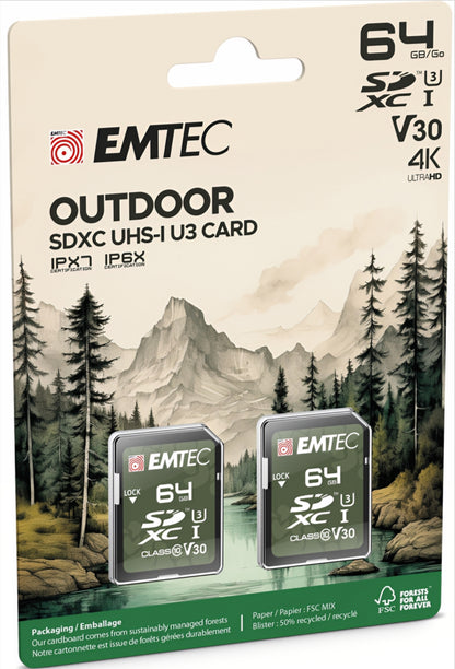 Tarjeta de Memoria SDXC Emtec Rugged Outdoor, 64Gb, Clase 10 / UHS-1 U3, Set de 2 piezas ECMSD64GXCU3ORP