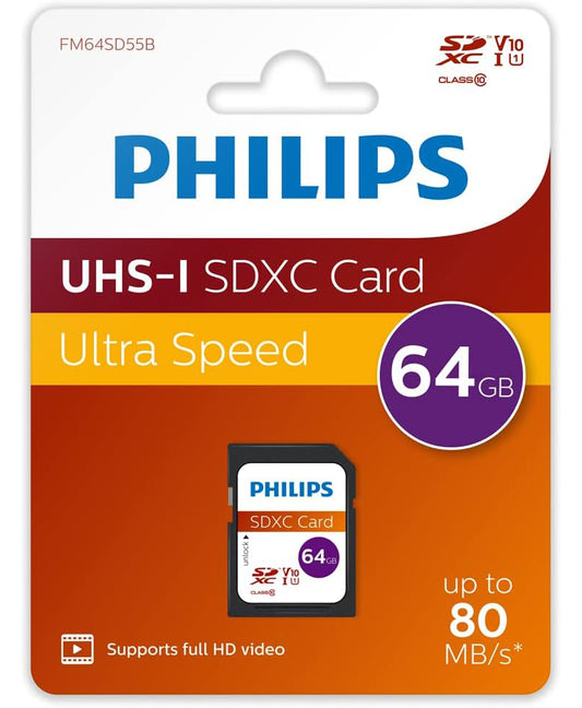 Tarjeta de Memoria SDXC Philips, 64Gb, Clase 10 / UHS-1 U1 FM64SD55B/00