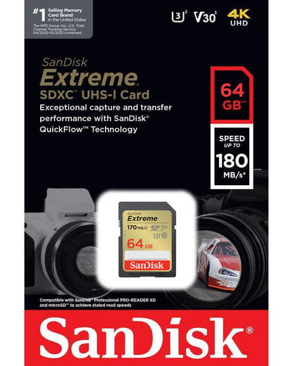 Tarjeta de Memoria SDXC SanDisk Extreme, 64Gb, Clase 10 / UHS-1 U3 SDSDXV2-064G-GNCIN