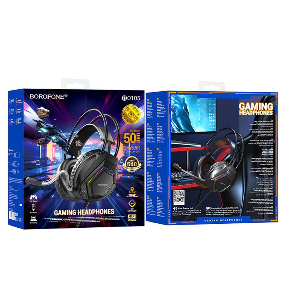 Auriculares Gaming 3.5mm Borofone BO105 Thunder, RGB, 2m, Negros