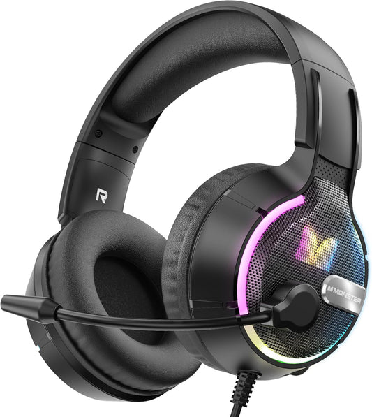 Auriculares Gaming 3.5mm Monster Mission 320, RGB, 1.9m, Negros