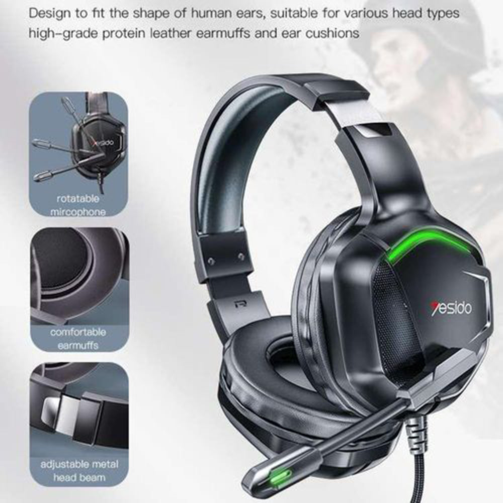 Auriculares Gaming 3.5mm Yesido EK01, RGB, 1.2m, Negros