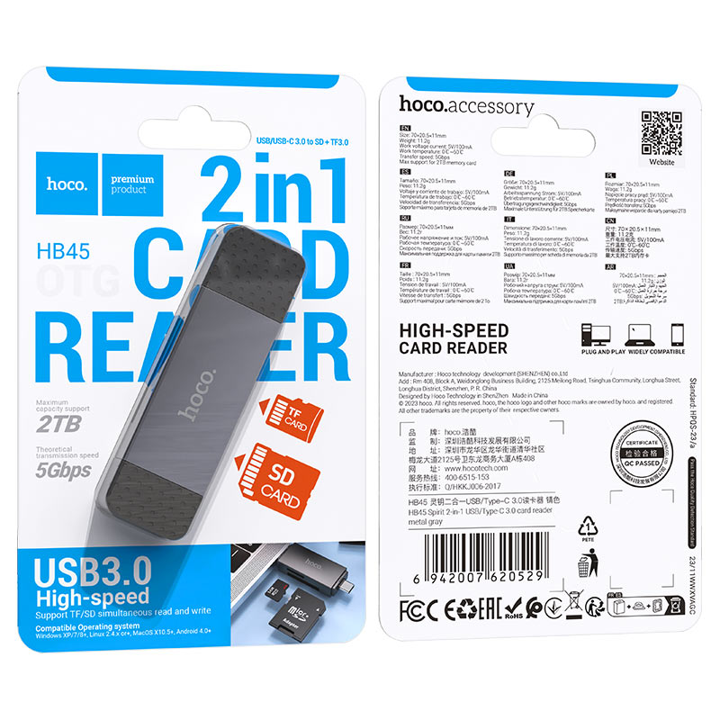 Lector de tarjetas USB 3.0 / USB-C HOCO HB45, SD - microSD, Gris