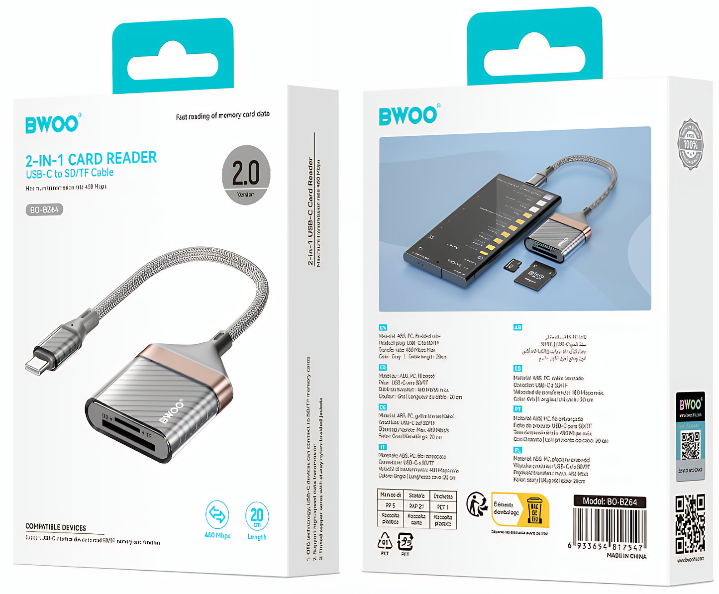 Lector de Tarjetas USB-C BWOO BZ64, SD - microSD, Gris