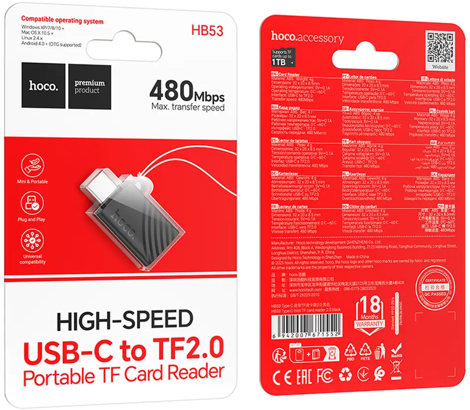 Lector de Tarjetas USB-C HOCO HB53, microSD, Negro