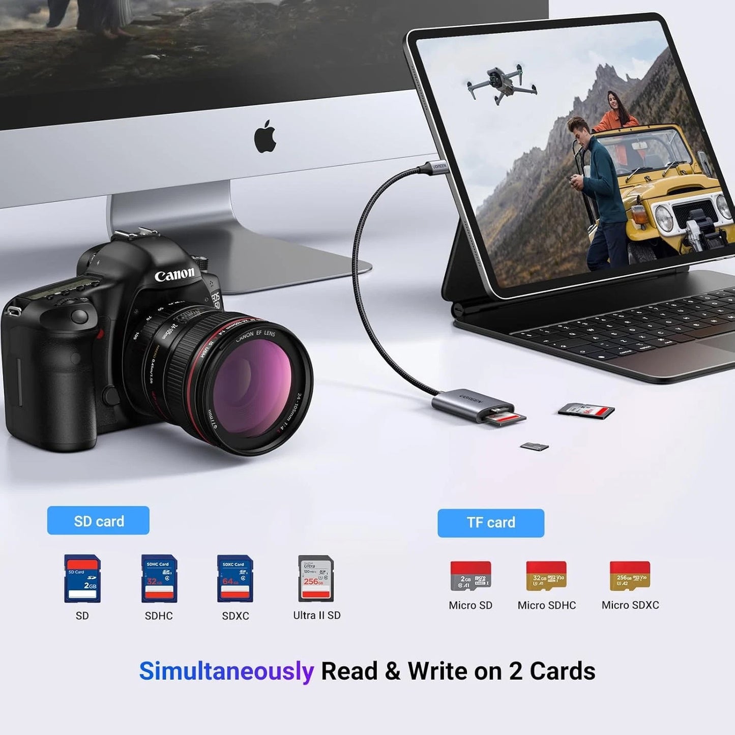 Lector de tarjetas USB-C UGREEN CM401, SD - microSD, Gris