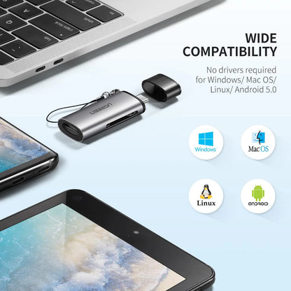 Lector de tarjetas USB-C UGREEN CM184, SD - microSD, Gris