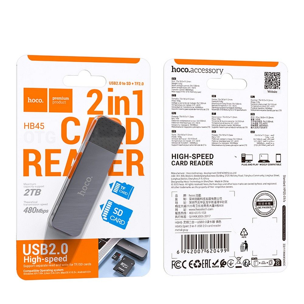 Lector de tarjetas USB HOCO HB45, SD - microSD, Gris