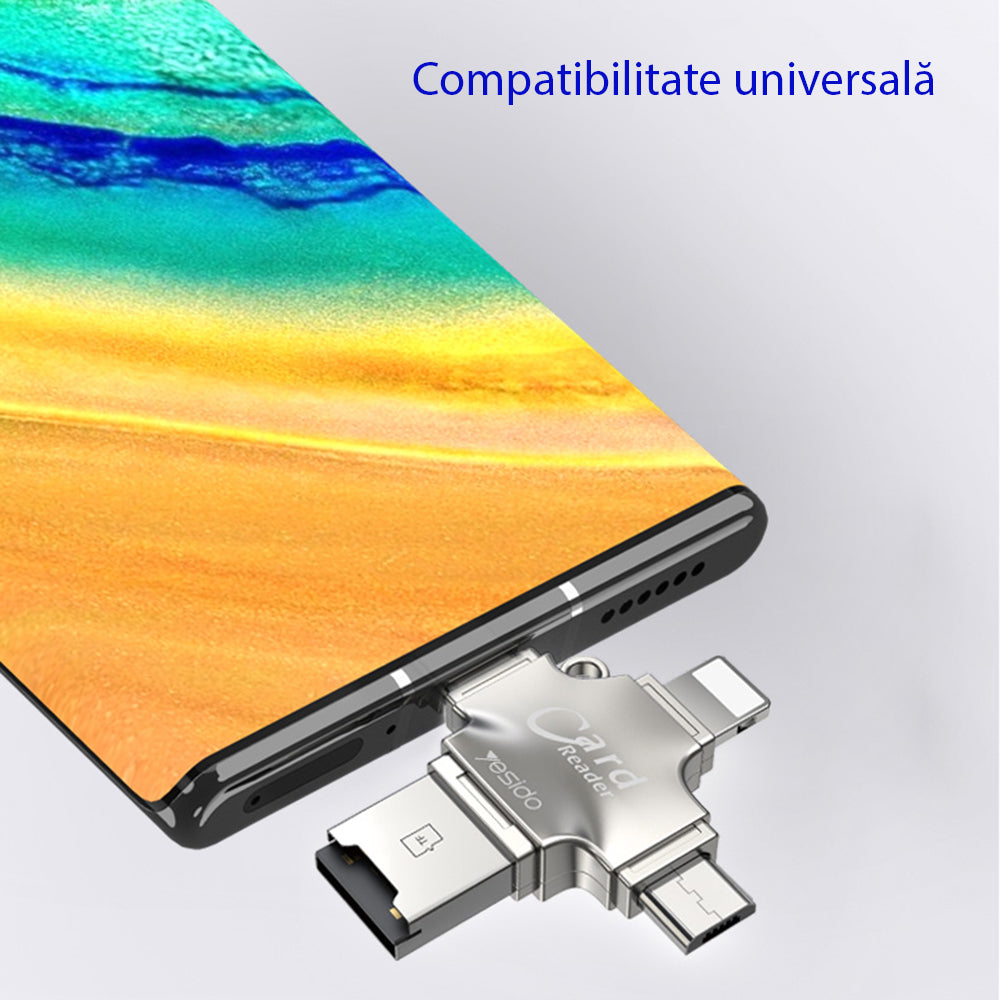 Lector de tarjetas USB / USB-C / Lightning / microUSB Yesido GS13, microSD, Plateado