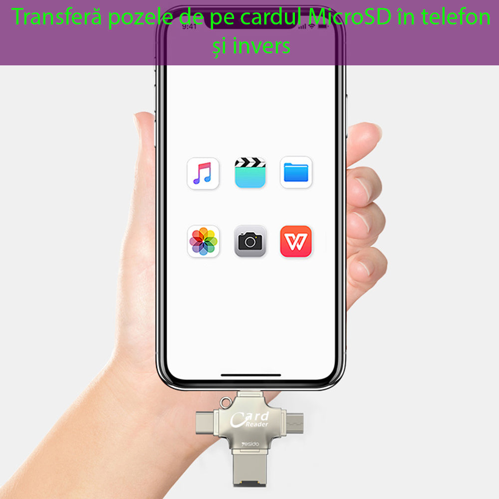 Lector de tarjetas USB / USB-C / Lightning / microUSB Yesido GS13, microSD, Plateado