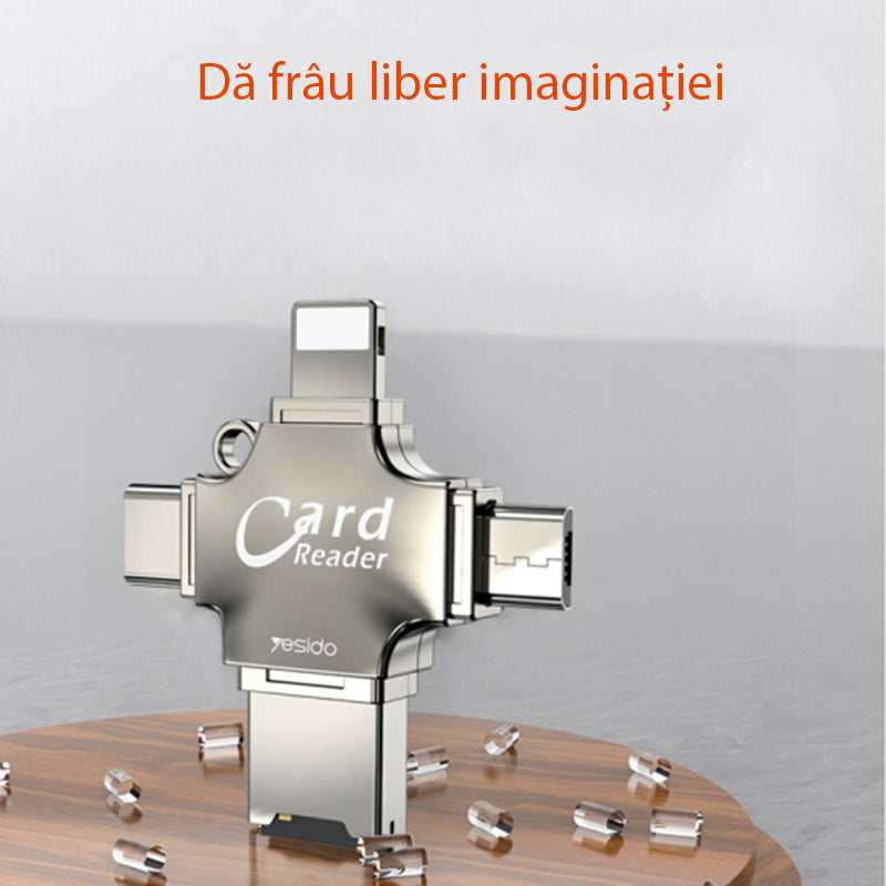 Lector de tarjetas USB / USB-C / Lightning / microUSB Yesido GS13, microSD, Plateado