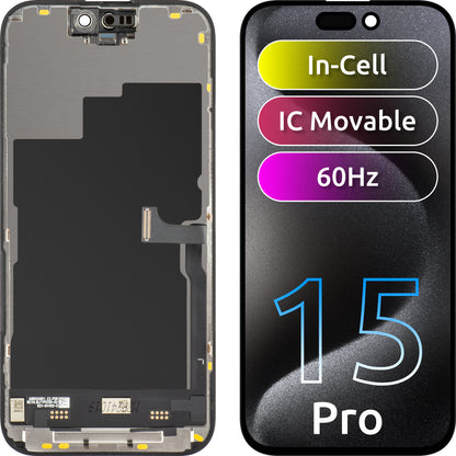 Pantalla con Touchscreen JK para Apple iPhone 15 Pro, con Marco, Versión LCD In-Cell IC Movable, Negro