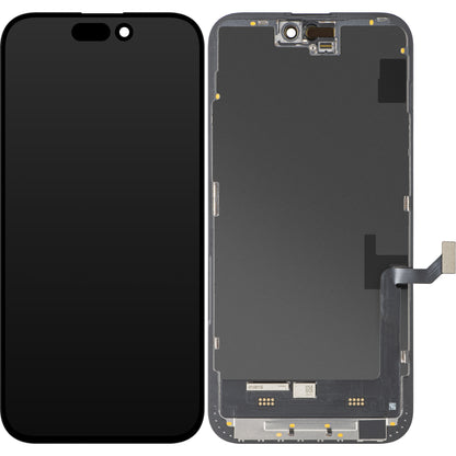 Pantalla con Touchscreen MP compatible con Apple iPhone 15 Plus, con Marco, Versión Soft OLED FHD IC Movable, Negro