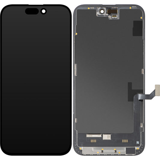Pantalla con Touchscreen MP compatible con Apple iPhone 15 Plus, con Marco, Versión Soft OLED FHD IC Movable, Negro